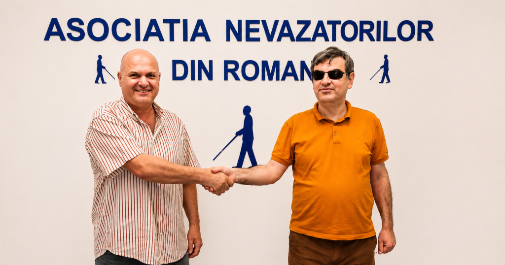 Marian Coman și Mihai Dima strâng mâna în sediul Asociației Nevăzătorilor din România, marcând parteneriatul pentru accesibilizarea filialelor ANR din întreaga țară prin soluțiile Step Hear România.
