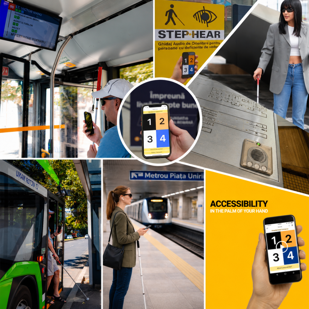 Persoane cu deficiențe de vedere utilizează sistemul Step Hear în transportul public și în spațiul urban din București și Cluj-Napoca pentru orientare și deplasare independentă.